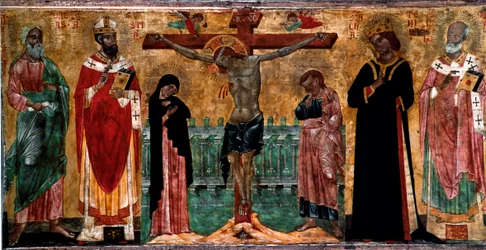 Korsfästelse och helgon Trämålning av anonym konstnär från Venetos bysantinska skola. Dämpa. 61x113 cm Venedig, Museo Correr, n. 381