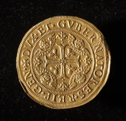 Republiken Genes valuta: 12,5 dubbelt guldmynt. Diameter 61 mm. 1656. Framsida. Genes Museum of Strada Nuova (inv. 6453)