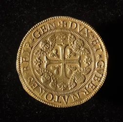 Republiken Genes valuta: 12,5 dubbelt guldmynt. Diameter 61 mm. 1656. framsida. Genes Museum of Strada Nuova (inv. 6456)