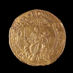 Republiken Genes valuta: 20 dubbelguld. Diameter 58 mm. 1645. Tillbaka. Genes Museum of Strada Nuova