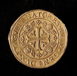 Republiken Genes valuta: 20 guld doppie. Diameter 58 mm. 1645. Framsida. Genes Musei di Strada Nuova (inv, M7097)
