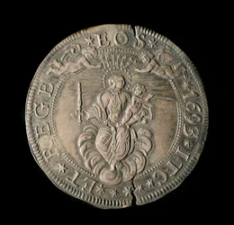Republiken Genes valuta: ECU bred i silver. Diam. 61 mm. 1693. tillbaka. Genes Musei di Strada Nuova (inv, M7097)