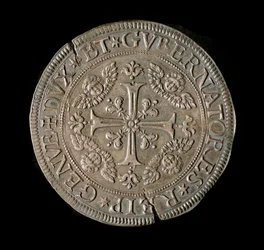 Republiken Genes valuta: ECU bred i silver. Diam. 61 mm. 1693. framsida. Genes Musei di Strada Nuova (inv, M7135)