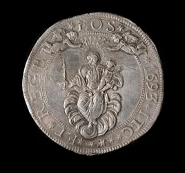 Republiken Genes valuta: fem ecu silvermynt. Diam. 61 mm. 1693. Tillbaka. Genes Musei di Strada Nuova