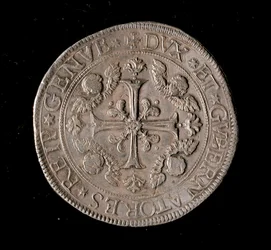 Republiken Genes valuta: fem ecu silvermynt. Diam. 61 mm. 1693. Framsida. Genes Musei di Strada Nuova