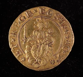 Republiken Genes valuta: dubbla fem guldmynt. Diameter 41 mm. 1642. tillbaka. Genes Museum of Strada Nuova