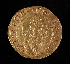Republiken Genes valuta: dubbla fem guldmynt. Diameter 41 mm. 1652. Tillbaka. Genes Museum of Strada Nuova