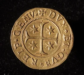 Republiken Genes valuta: dubbla fem guldmynt. Diameter 41 mm. 1652. Framsida. Genes Museum of Strada Nuova