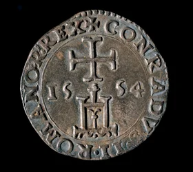 Republiken geners valuta: silverteston (eller testen) från Benediction. Front som representerar Genuaportalen under ett kors. 1554 Genes, Musei di Strada Nuova