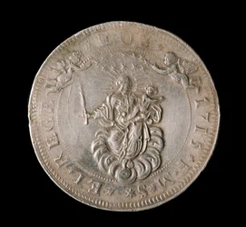 Republiken Genes valuta: sex ecu silvermynt. Diam. 61,5 mm. 1715. Framsida. Genes Musei di Strada Nuova (inv, M7156)