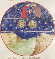 Dante och Beatrice överväger Tvillingarnas tecken, planeterna och jorden, från Divina Commedia av Dante Alighieri (1265-1321)