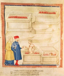 Dante och Vergilius (70-19 f.Kr.) upptäcker greve Ugolino, ur "Den gudomliga komedin" av Dante Alighieri (1265-1321) (pergament)