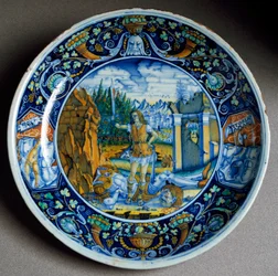 Davids triumf över Goljat. Keramiktallrik tillverkad i Faenza, Italien. Omkring 1507, Florens, Museo Nazionale del Bargello