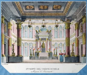 Dekor för operan La Semiramide av Christoph Gluck (1714-1787) (Scenografi för operan La Semiramide av Ch. Gluck). Litografi i färg, anonym, ca 1790. Italiensk konst, teaterdekor. Statens museum för teater och musikkonst, Sankt Petersburg.