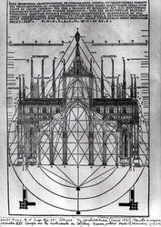 Design för katedralen i Milano, illustration från De Architectura av Vitruvius, Como, 1521