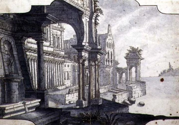 Design för en scenuppsättning, ca 1750 (penna & bläck och akvarell på papper)