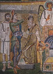 Detalj ur Scener från Kristi första ankomst och Jesu barndom, mosaik av triumfbågen i basilikan Santa Maria Maggiore, Rom, Italien, 500-talet