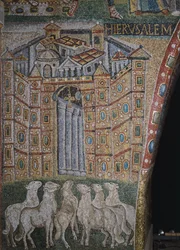 Detalj ur Scener från Kristi första ankomst och Jesu barndom, mosaik av triumfbågen i basilikan Santa Maria Maggiore, Rom, Italien, 500-talet
