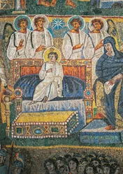 Detalj ur Scener från Kristi första ankomst och Jesu barndom, mosaik av triumfbågen i basilikan Santa Maria Maggiore, Rom, Italien, 500-talet