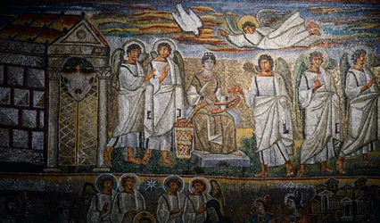 Detalj ur Scener från Kristi första ankomst och Jesu barndom, mosaik av triumfbågen i basilikan Santa Maria Maggiore, Rom, Italien, 500-talet