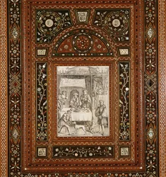 Detalj av en gravyr på elfenben, efter Memling (ca 1433-94), från ett skåp som gavs till Mary Queen of Scots (1542-87) och Francis II (1544-60) som bröllopsgåva (trä och inlagt elfenben) ( se 162449)