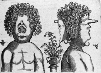 Olika typer av mänskliga monster: ansikte och ansikte på monsterhuvud. Gravyr från "Monstrens natur, deras orsaker och skillnader" av Fortunio Whilei (1577-1656), italiensk vetenskapsman. 1646