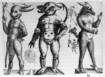 Olika typer av människomonster med hälften människa, hälften djurkroppar. Gravyr från "Monstrens natur, deras orsaker och skillnader" av Fortunio Whilei (1577-1656), italiensk vetenskapsman. 1646