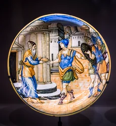 Skål: Melkisedek ger bröd till Abraham, ca 1530-1540 (majolika)