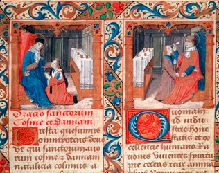 Läkare som opererar en patients skalle (trepanation av skallen). Framställning av de heliga Kosmas (Come eller Cosimo) och Damianus, läkare. Miniatyr ur manuskriptet "Statuto della Confraternita dei Santi Cosma e Damiano". Italiensk gotisk konst från