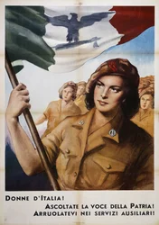 Italiens kvinnor lyssnar på fäderneslandets röst! Anmäl dig till hjälptjänster! (Italiens kvinnor lyssnar på fäderneslandets röst! Ansluter sig till hjälptrupperna!), propagandaaffisch, Italien, 1900-talet