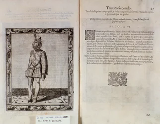 Dubbelsida av Le Gratie dAmore (Le Grazie dAmore) av den italienska dansaren Cesare Negri kallad Il Trombone (1536-1604), fördrag om dans