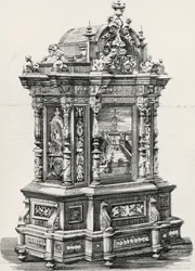 Ebenholtsskåp med inläggningar av möbelsnickare Alessandro Monteneri från Perugia (aktivt 1800-1900-tal), illustration från italiensk utställning 1881 i Milano, Italien