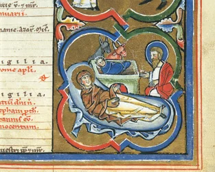 Elizabethansk kalender, december, Nativity (penna & bläck, tempera och bladguld på veläng)