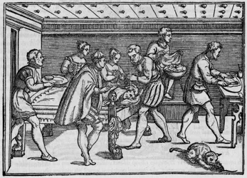 Gravyr av 1574 i "" Della Cirurgia "" "(Om kirurgi) av Giovanni Andrea dalla Croce italiensk kirurg.
