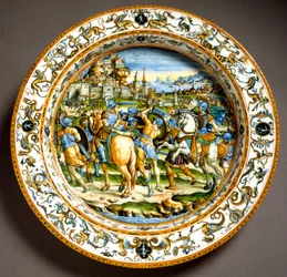 Episod ur Julius Caesars liv. Keramiktallrik tillverkad i Urbino i Fontana-verkstaden, Italien. Omkring 1550, Florens, Museo Nazionale del Bargello