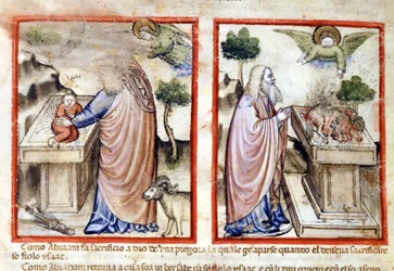 Avsnitt av Isaacs offer av Abraham. Miniatyr från Codex 212 (eller Paduan Codex eller Bible of Padua) 1390-1400 Rovigo, Accademia dei Concordi