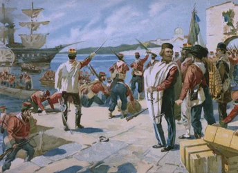 Expedition of the Thousand under ledning av Giuseppe Garibaldi, landning i Marsala, Sicilien, 1860, illustration från ett album om Risorgimentos historia gjord för chokladen Talmone, sent