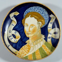 Fajansbägaren "Lionora Bella", tillverkad i Casteldurante. 1500-talet. Écouen, Musée national de la Renaissance
