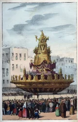 Fest av Santa Rosalia av Palermo (1130-1160), skyddshelgon för Palermo - Festen av Santa Rosalia - (skyddshelgon för Palermo i Italien) Festen av Santa Rosalia i Palermo på Sicilien - Fest av Santa Rosalia - gravyr från " "Användningar och seder hos Tutt