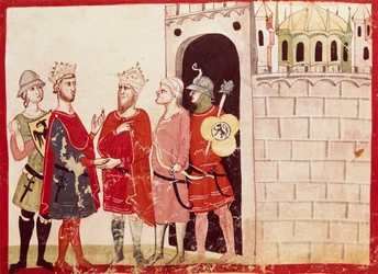 Federico II akifikia makubaliano na Sultani wa Jerusalem, picha ndogo kutoka kwa Mambo ya Nyakati ya Giovanni Villani, hati ya maandishi, Italia 14th Century.swed