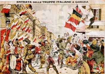 Första världskriget (1914-1918). italienska trupper intar Gorizia. 1918. (gravyr)