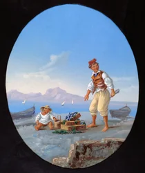 Fiskare på stranden, med ön Capri i bakgrunden