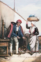 Fiskhandlare och bonde, illustration från kostymer i Istrien, Italien