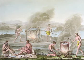 Floridaindianer som förbereder och lagar mat, c.1820