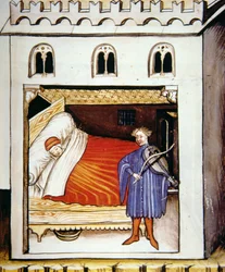Fol.100r Sleep, illustration från Tacuinum Santiatis Codex Vindobonensis