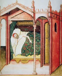 Fol.101r The Insomniac, illustration från Tacuinum Santiatis Codex Vindobonensis
