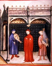 Fol.103v En sångare ackompanjerad av en orgel och ett stränginstrument, illustration från "Tacuinum Santiatis Codex Vindobonensis" (pergament)