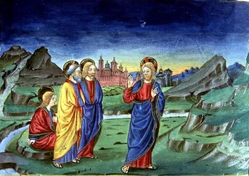 Fol.103v Efter förvandlingen säger Kristus till apostlarna att inte avslöja detta faktum förrän efter uppståndelsen (vellum) (se 142186)