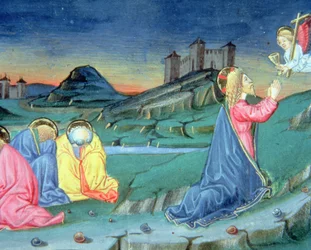 Fol.104r Efter att ha bett på Oljeberget kommer en ängel för att trösta Kristus (vellum)
