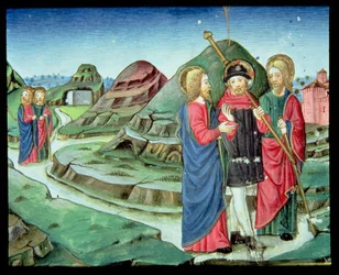 Fol.130v Kristus följer med två lärjungar till Emmaus utan att de inser att det är han (vellum)